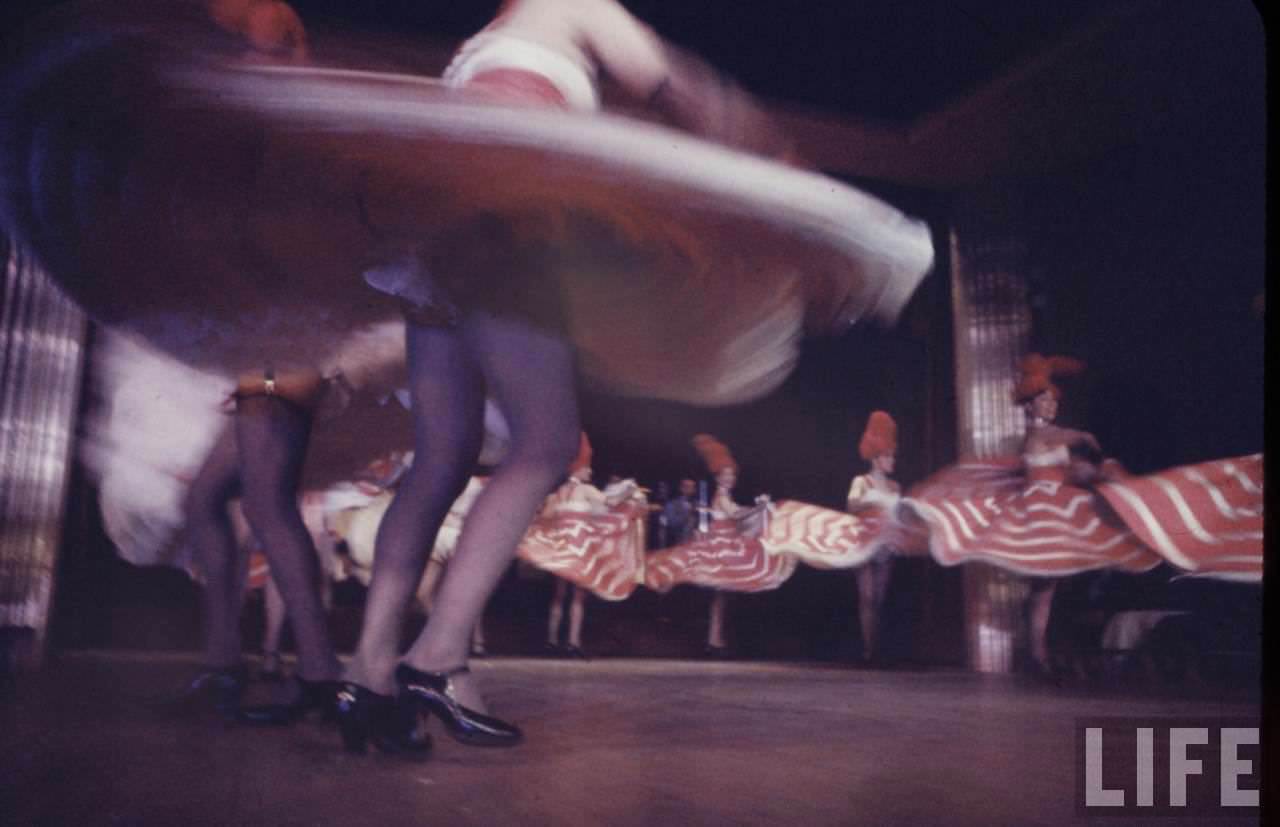 Performance and Backstage Life of Can Can Dancers at the Moulin Rouge in the 1950s