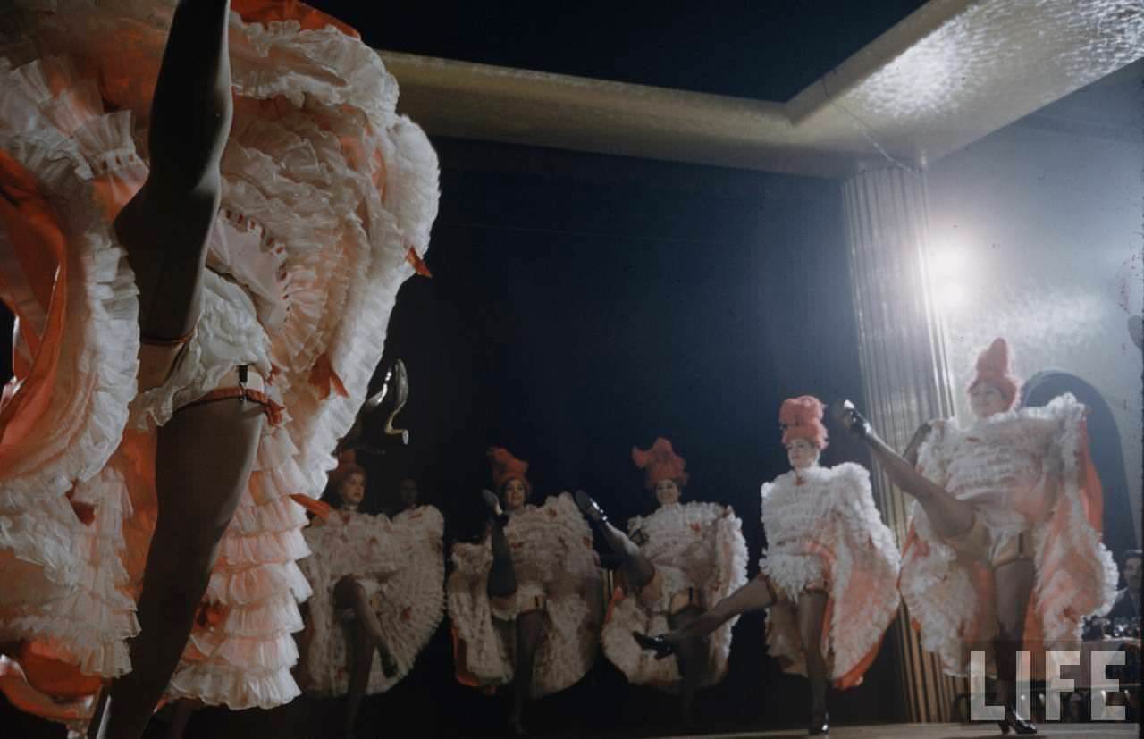 Performance and Backstage Life of Can Can Dancers at the Moulin Rouge in the 1950s