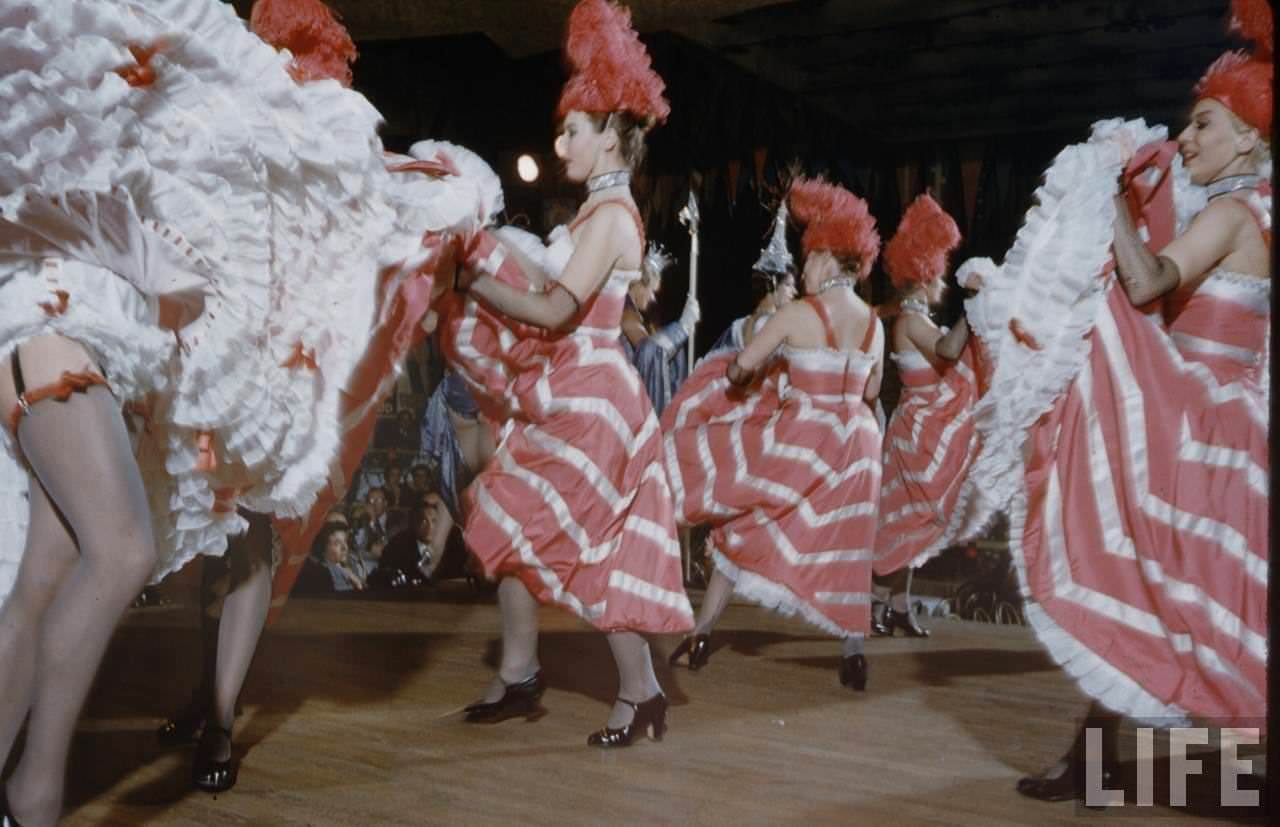 Performance and Backstage Life of Can Can Dancers at the Moulin Rouge in the 1950s