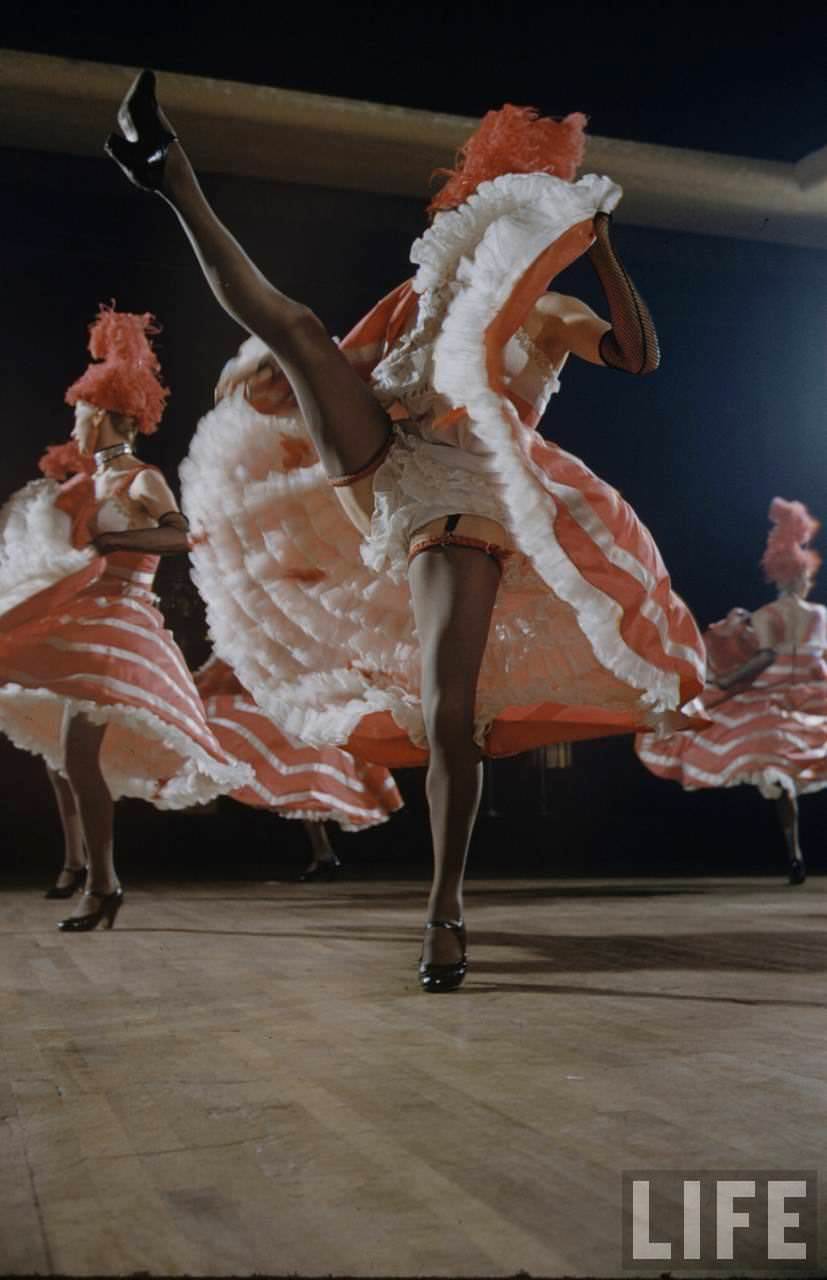 Performance and Backstage Life of Can Can Dancers at the Moulin Rouge in the 1950s