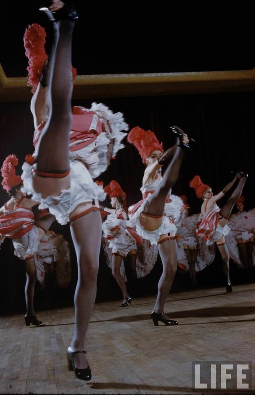 Performance and Backstage Life of Can Can Dancers at the Moulin Rouge in the 1950s
