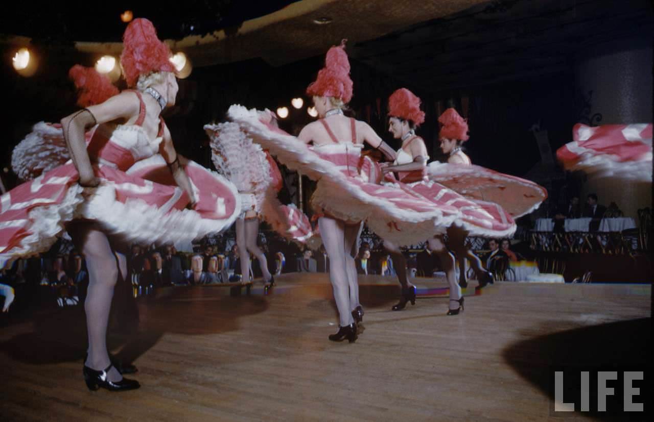 Performance and Backstage Life of Can Can Dancers at the Moulin Rouge in the 1950s