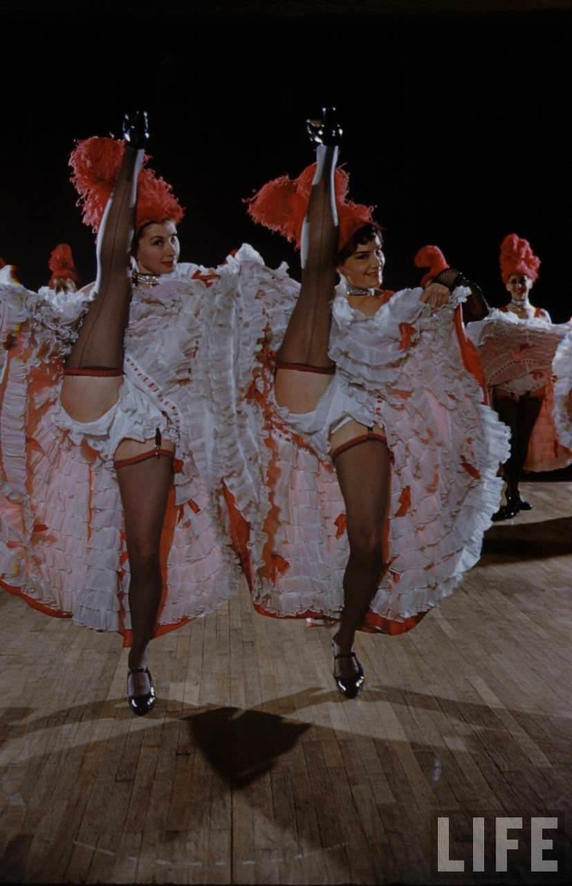 Performance and Backstage Life of Can Can Dancers at the Moulin Rouge in the 1950s