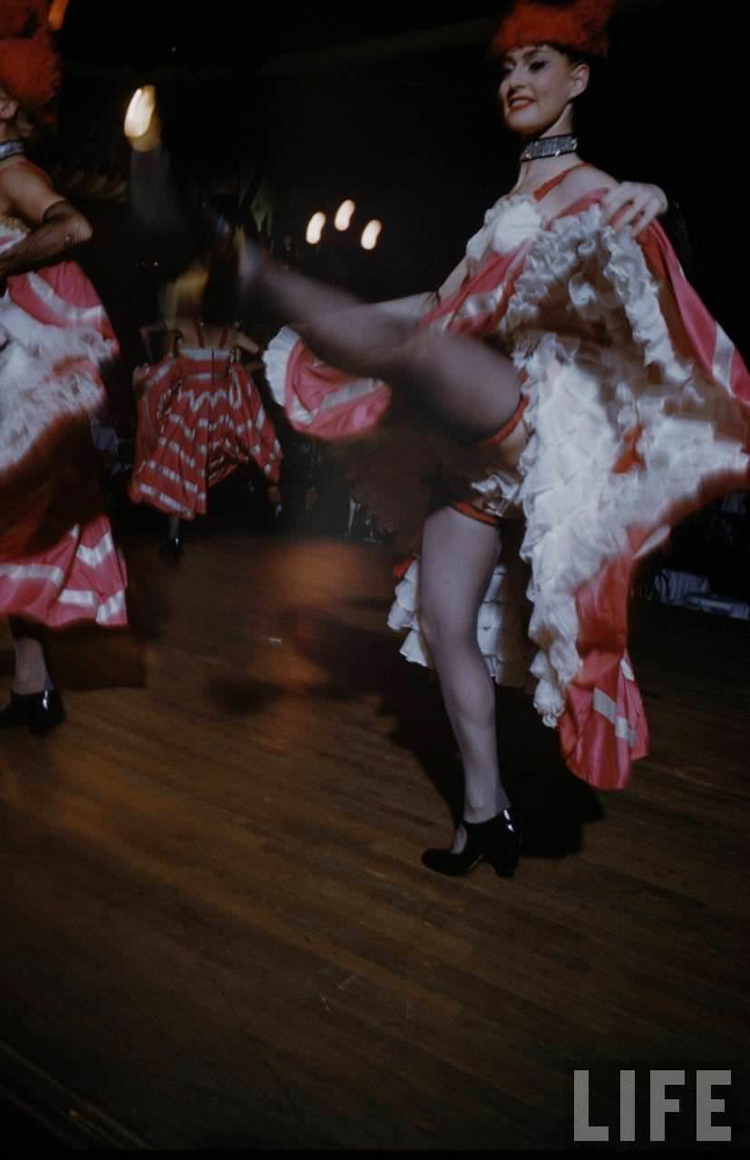 Performance and Backstage Life of Can Can Dancers at the Moulin Rouge in the 1950s