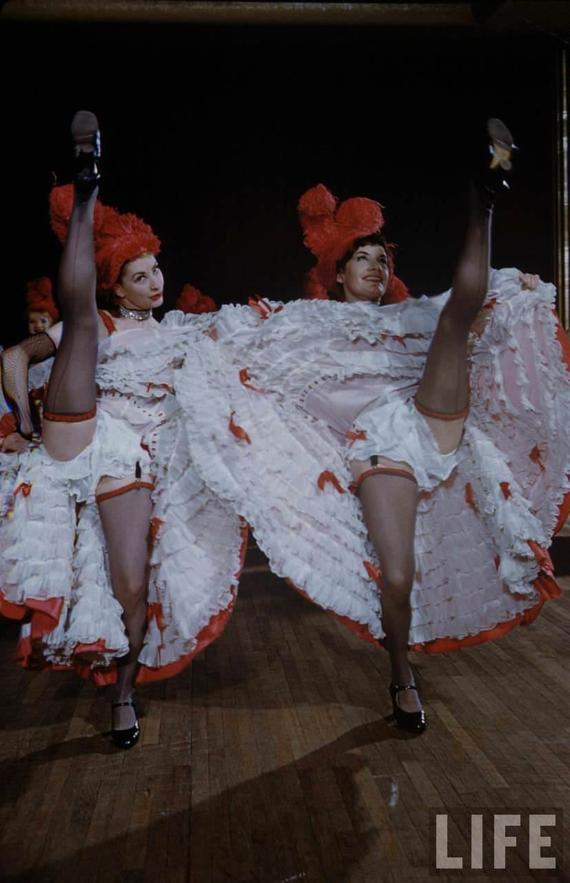 Performance and Backstage Life of Can Can Dancers at the Moulin Rouge in the 1950s