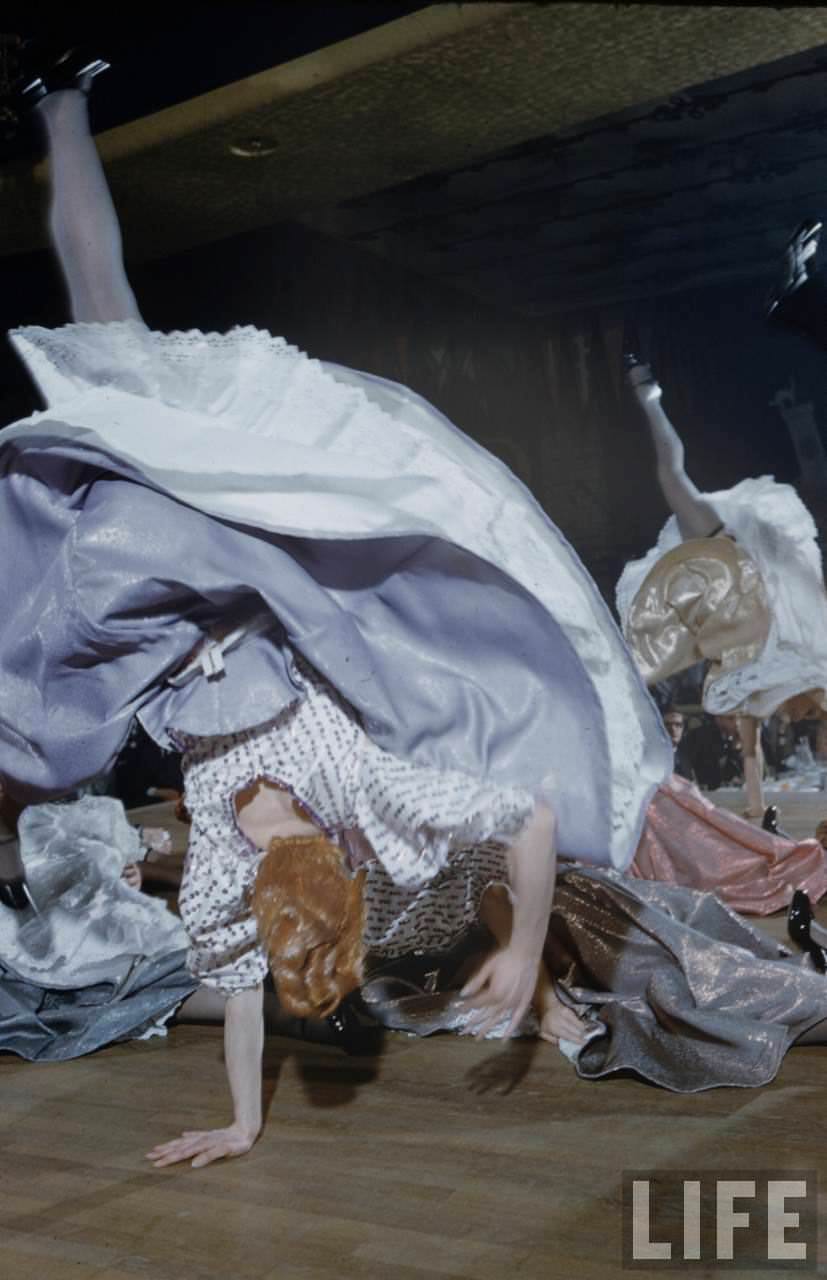 Performance and Backstage Life of Can Can Dancers at the Moulin Rouge in the 1950s