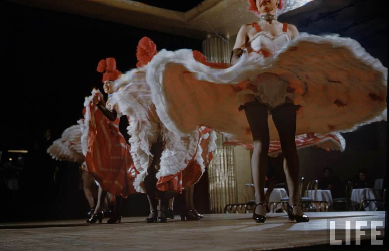 Performance and Backstage Life of Can Can Dancers at the Moulin Rouge in the 1950s