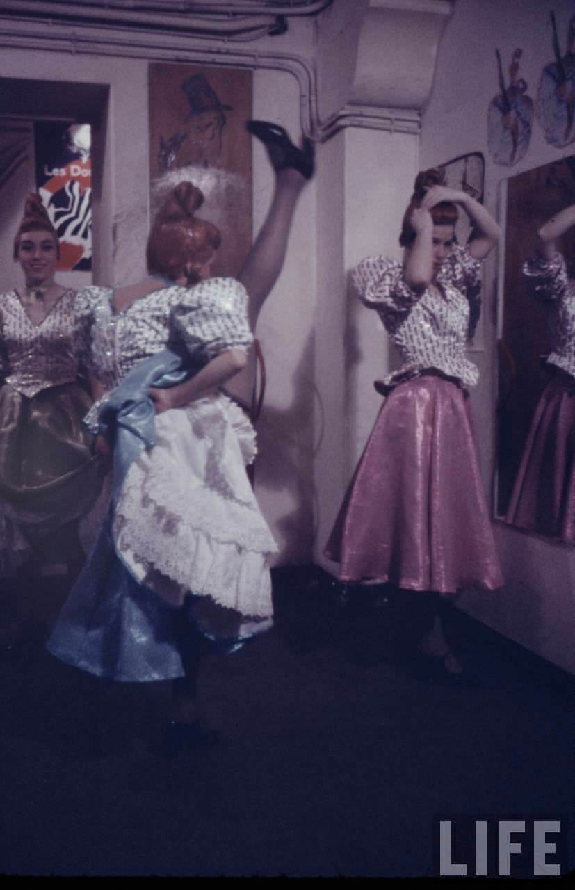 Performance and Backstage Life of Can Can Dancers at the Moulin Rouge in the 1950s