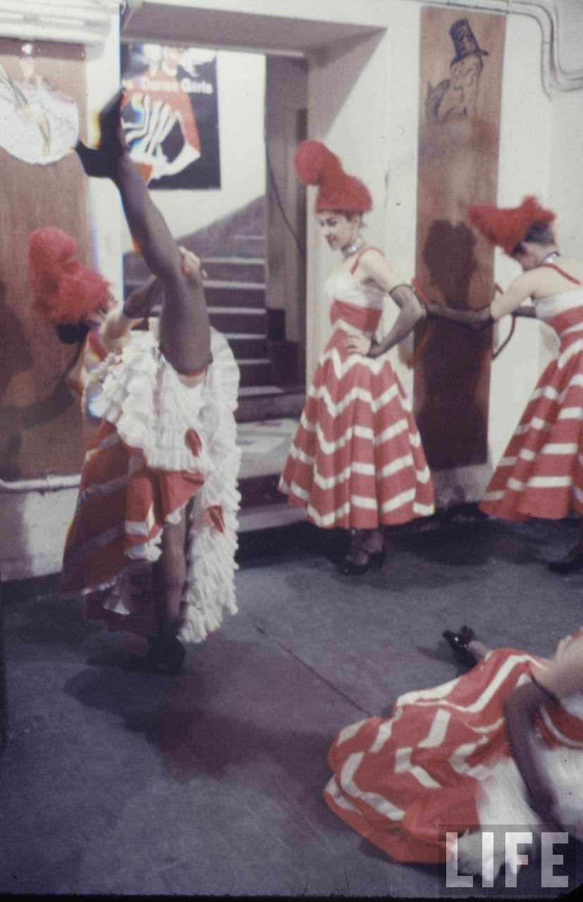 Performance and Backstage Life of Can Can Dancers at the Moulin Rouge in the 1950s