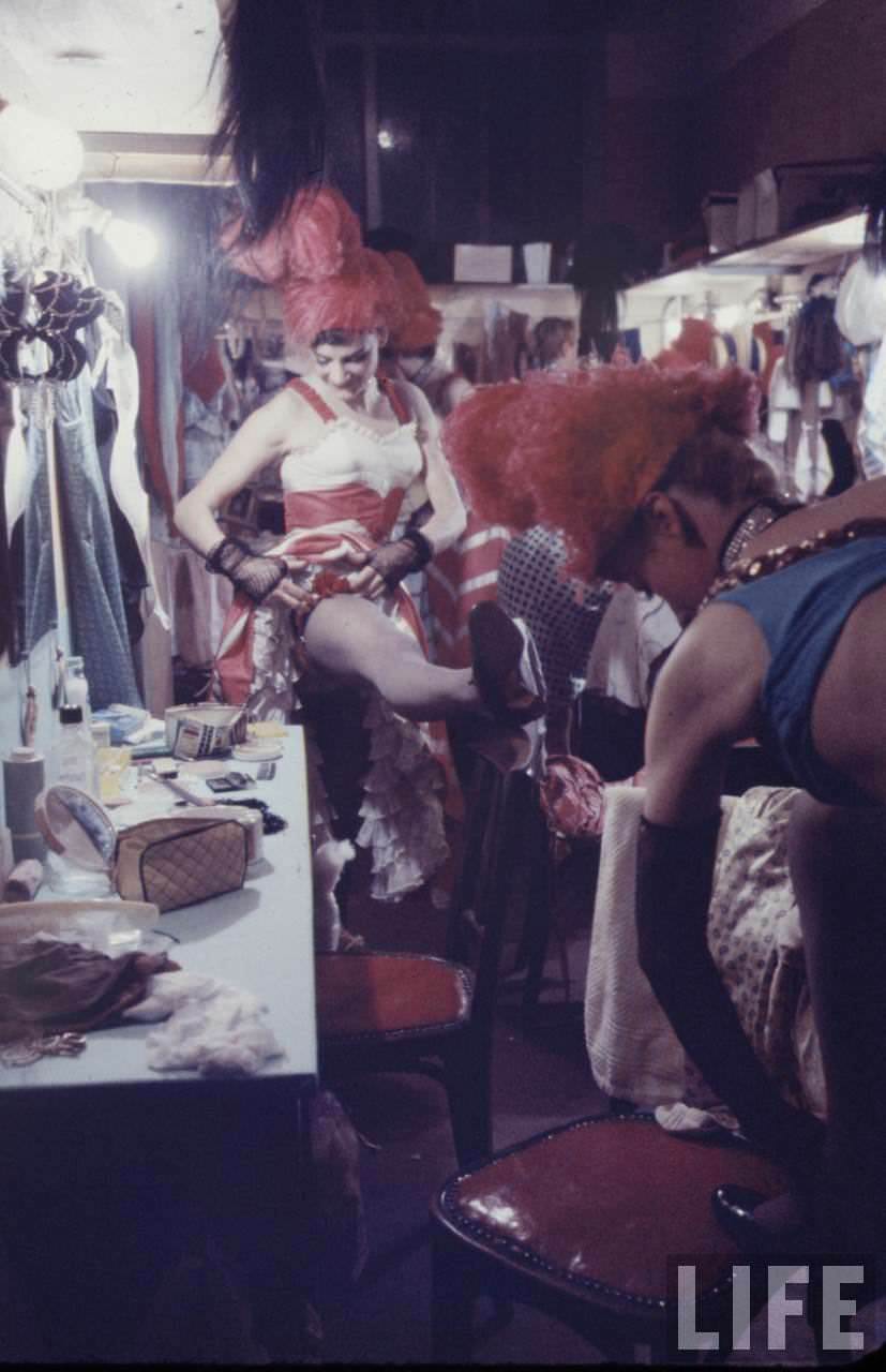 Performance and Backstage Life of Can Can Dancers at the Moulin Rouge in the 1950s