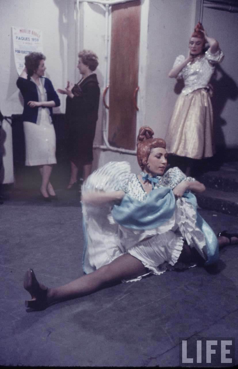 Performance and Backstage Life of Can Can Dancers at the Moulin Rouge in the 1950s