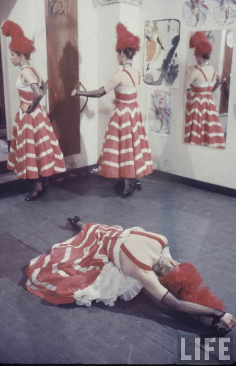 Performance and Backstage Life of Can Can Dancers at the Moulin Rouge in the 1950s