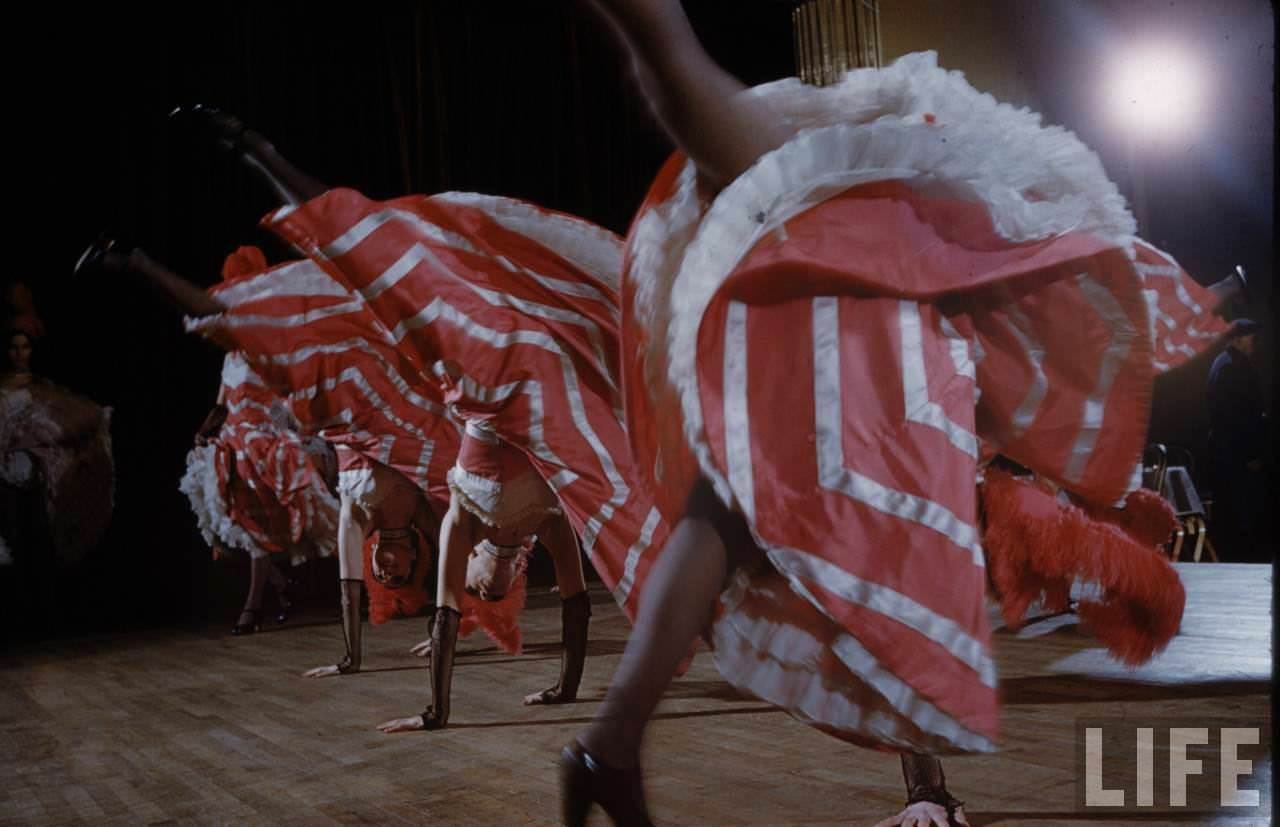 Performance and Backstage Life of Can Can Dancers at the Moulin Rouge in the 1950s