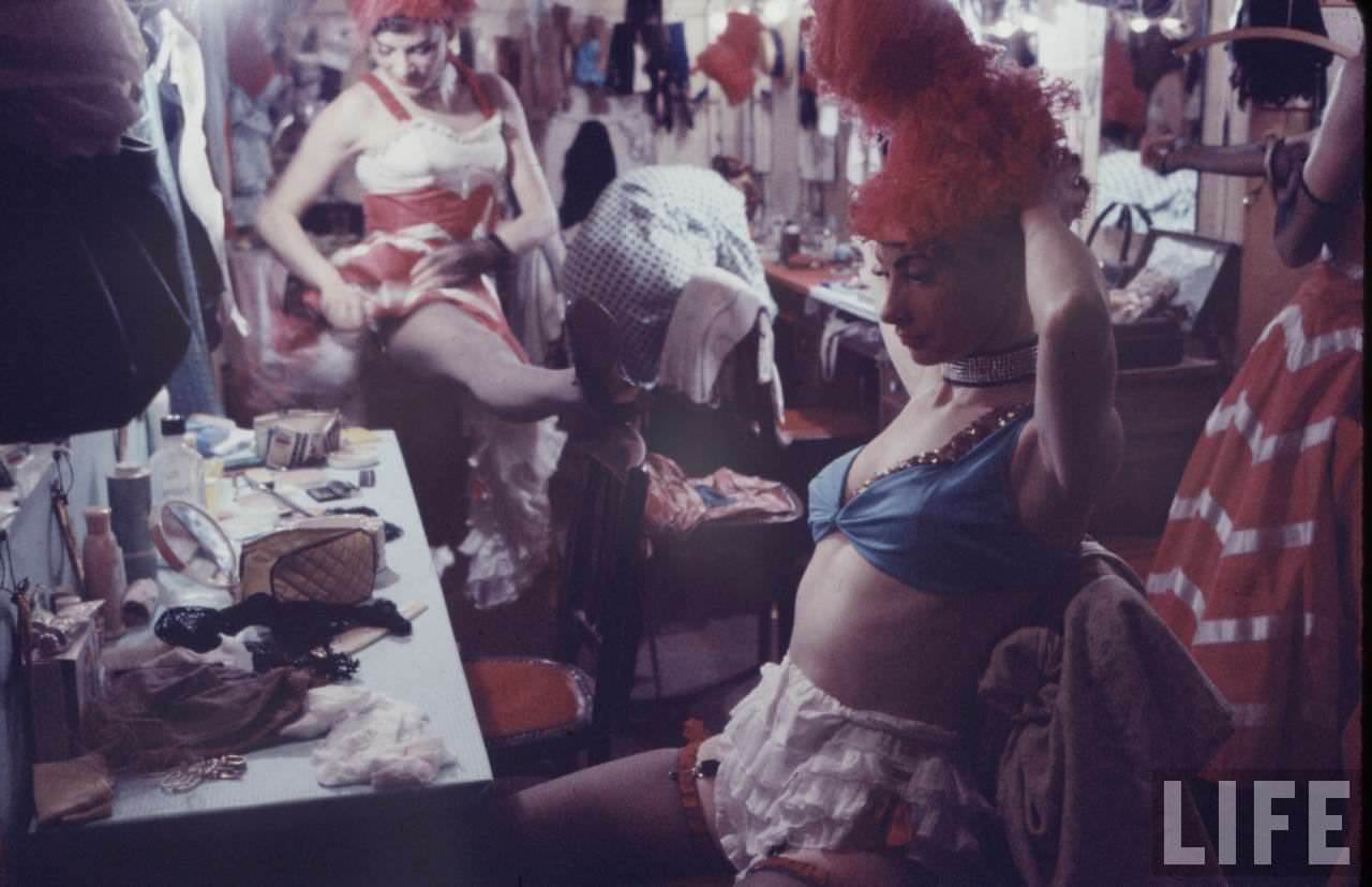 Performance and Backstage Life of Can Can Dancers at the Moulin Rouge in the 1950s