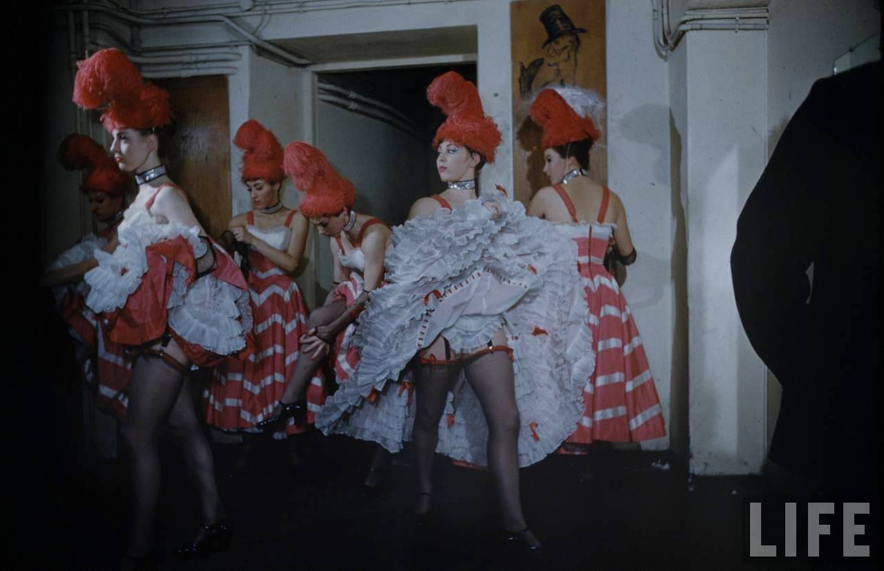 Performance and Backstage Life of Can Can Dancers at the Moulin Rouge in the 1950s