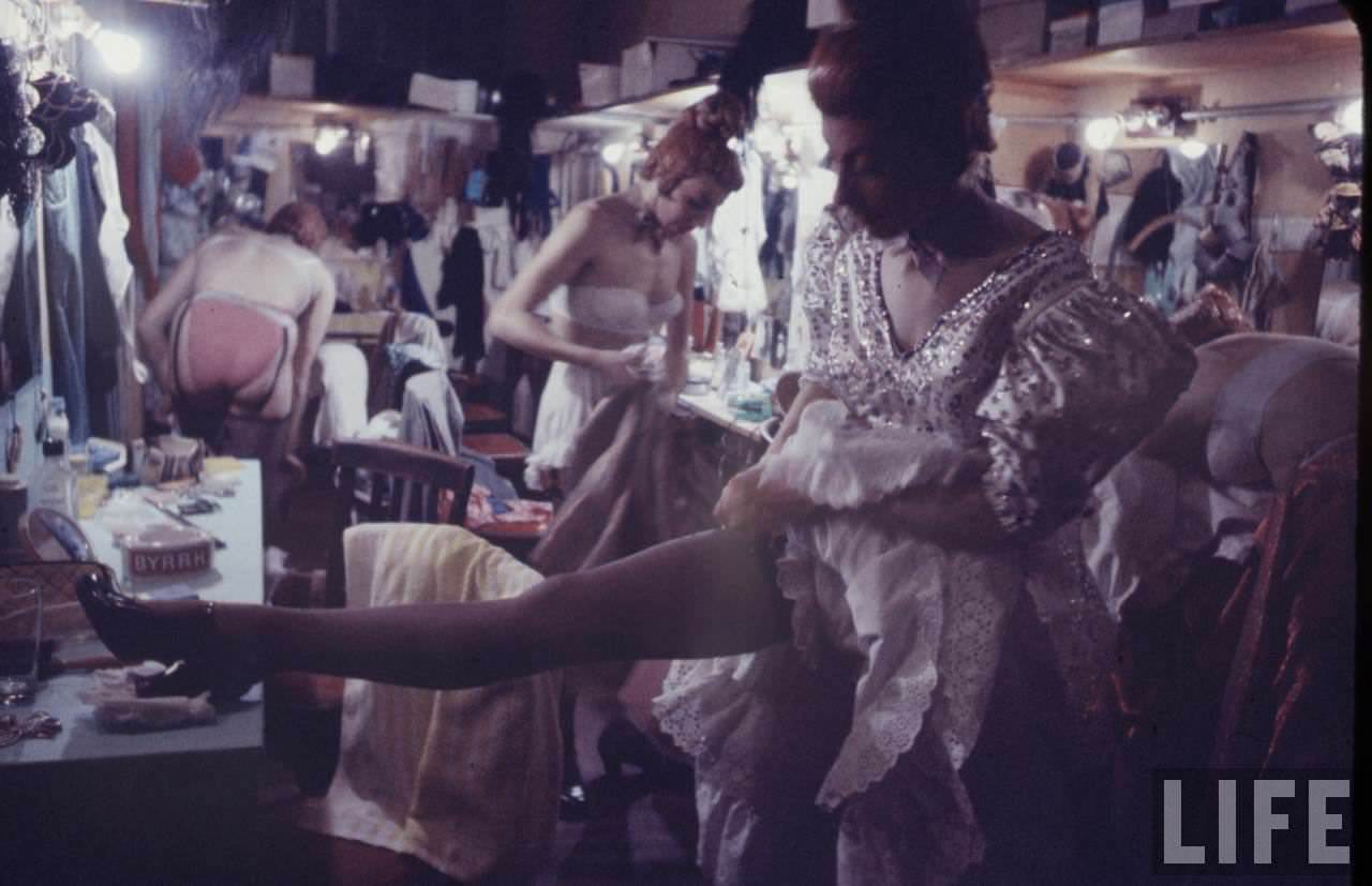 Performance and Backstage Life of Can Can Dancers at the Moulin Rouge in the 1950s