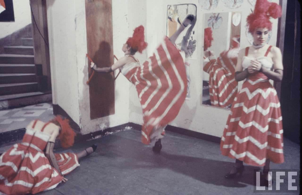 Performance and Backstage Life of Can Can Dancers at the Moulin Rouge in the 1950s