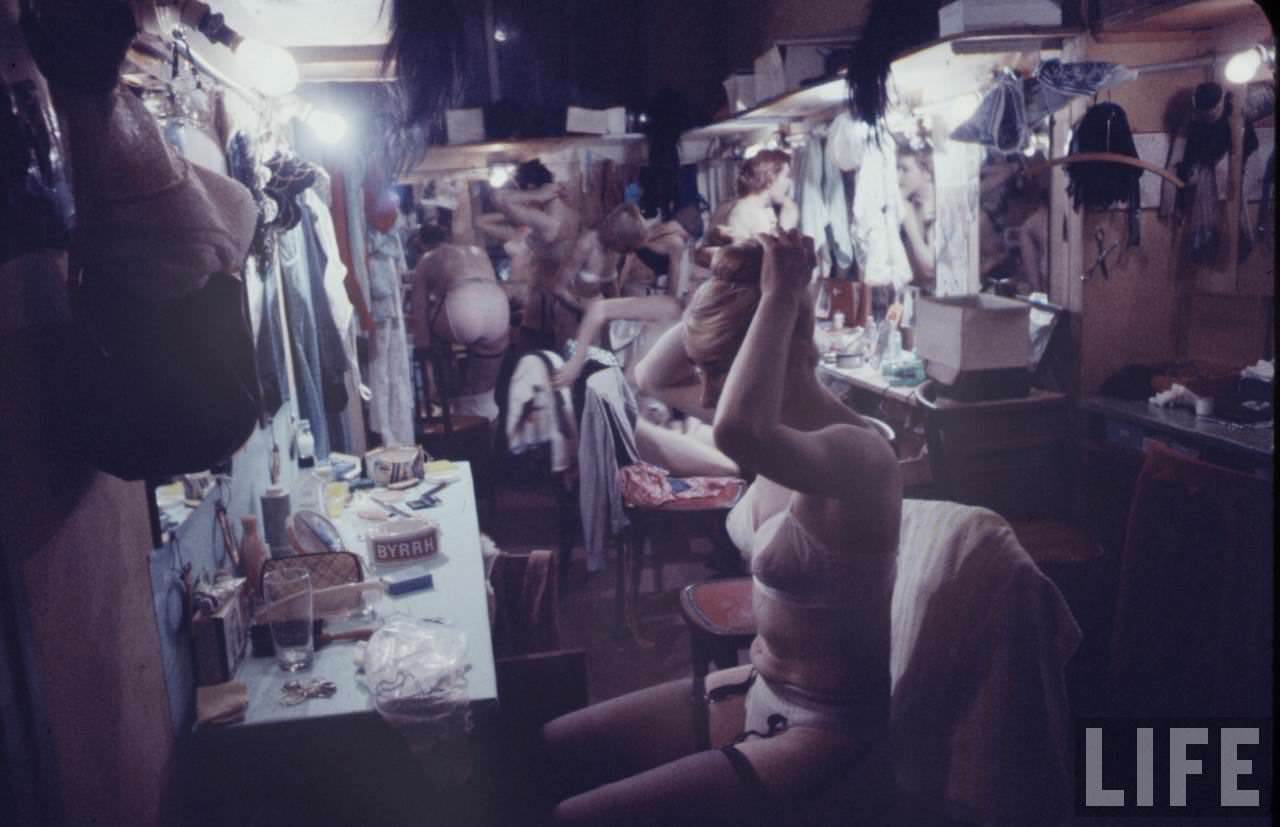 Performance and Backstage Life of Can Can Dancers at the Moulin Rouge in the 1950s