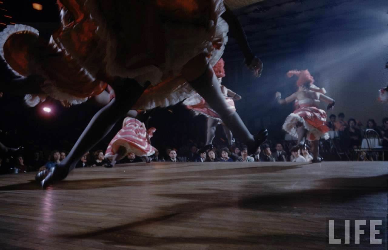 Performance and Backstage Life of Can Can Dancers at the Moulin Rouge in the 1950s