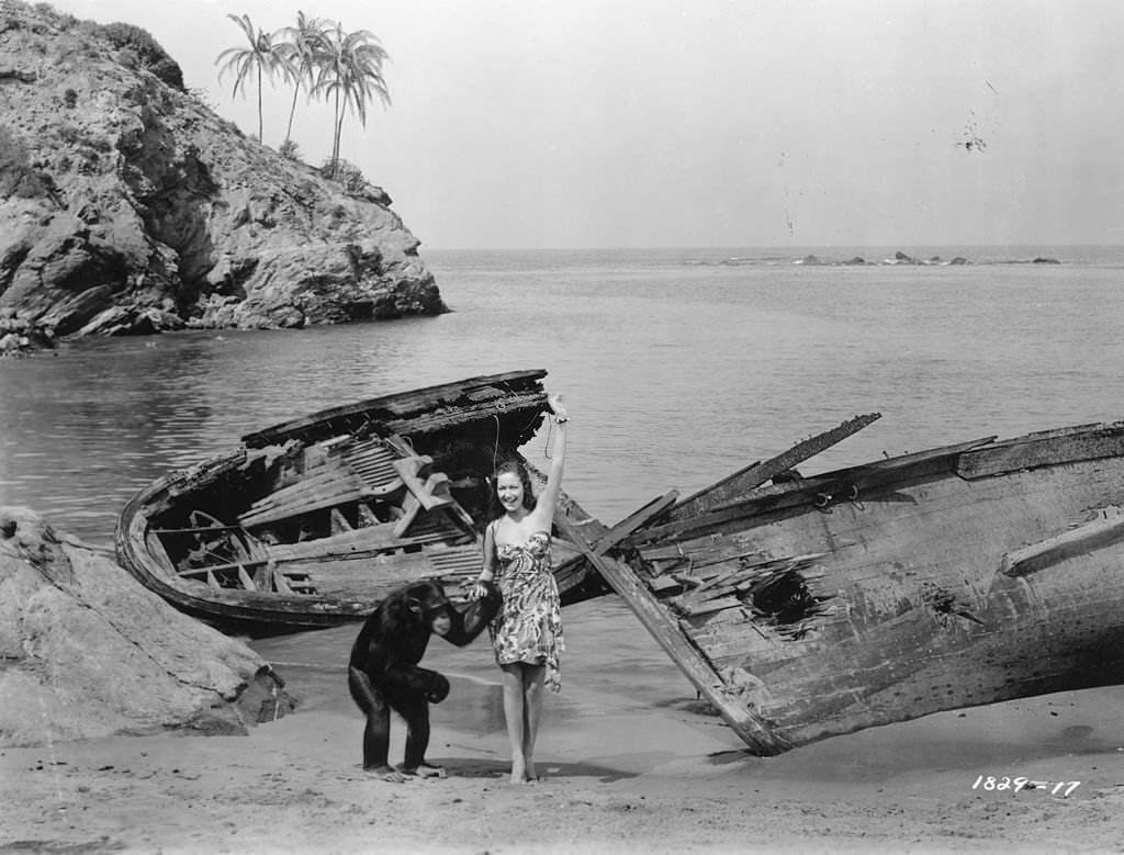 On a beach Dorothy Lamour with chimpanzee, 1939