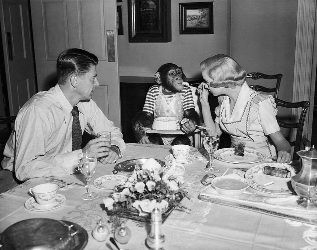 R Reagan and Diana Lynn with chimp