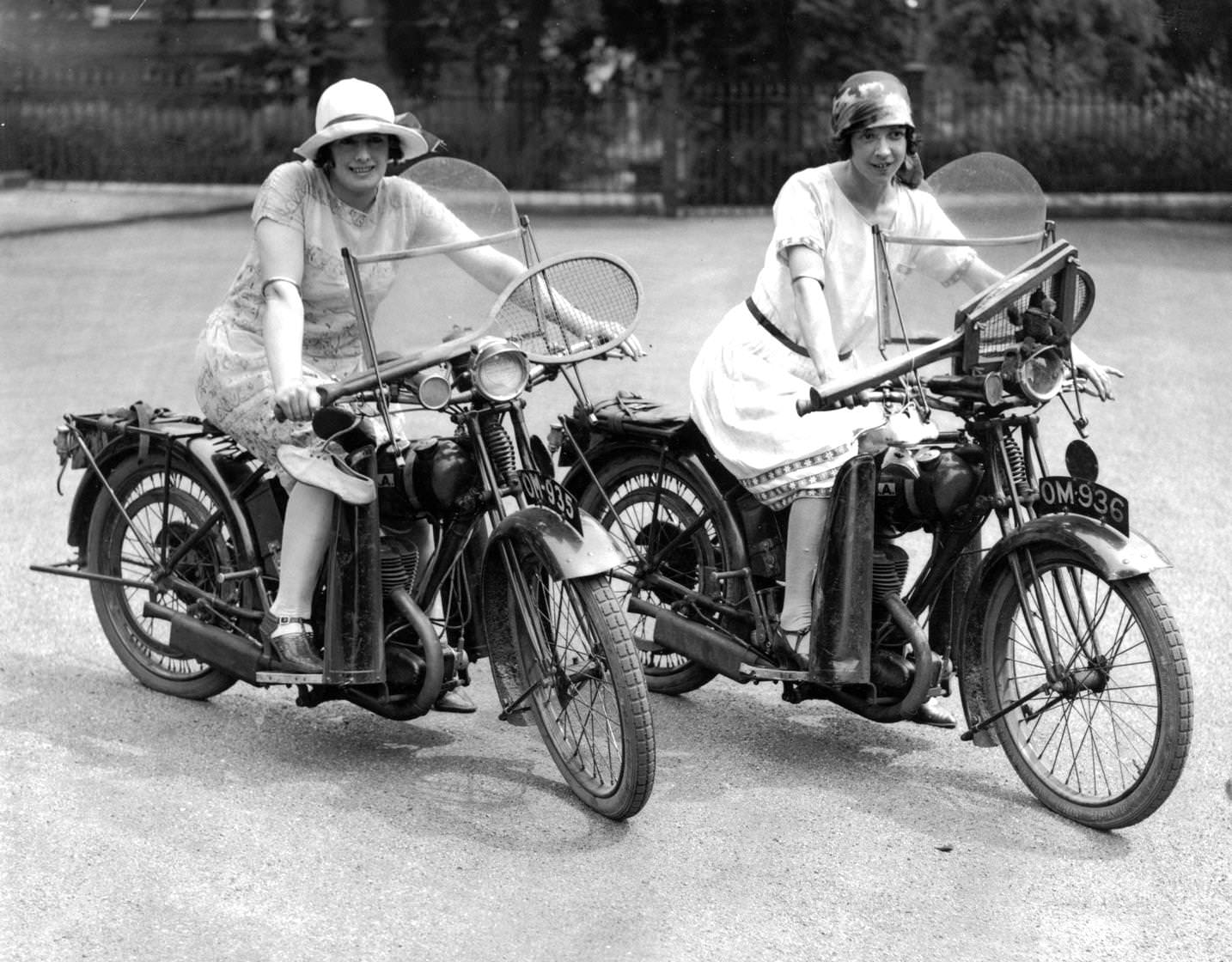 Two motorcycling tennis players, 1925
