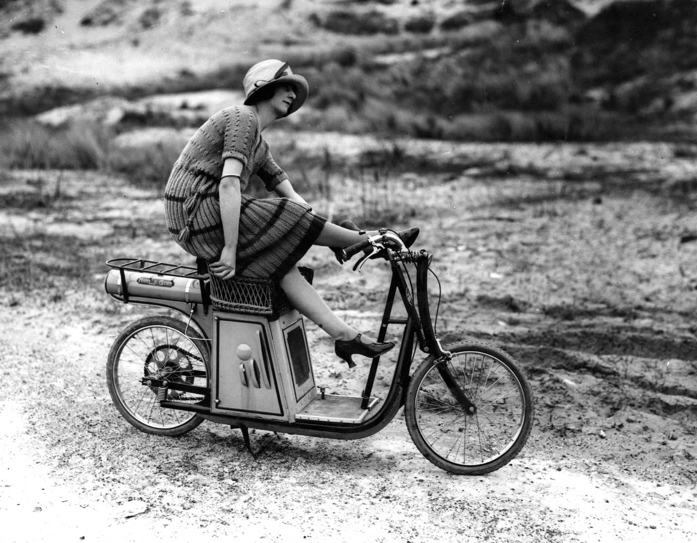 Gladys Ross on a scooter at Le Touquet, France, 1921