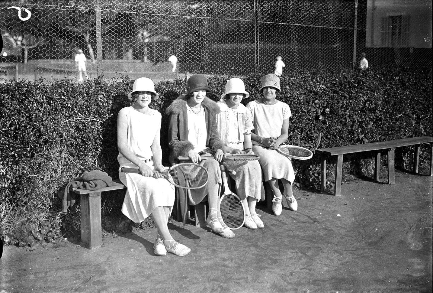 Tennis players Ruth de Udy, Locha de Udy, Dorothy Power and Betty Kaye in Cannes, France., 1925