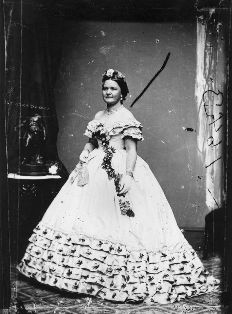 Mary Todd Lincoln, wife of Abraham Lincoln, the 16th President of the United States, dressed for his inauguration, 1861