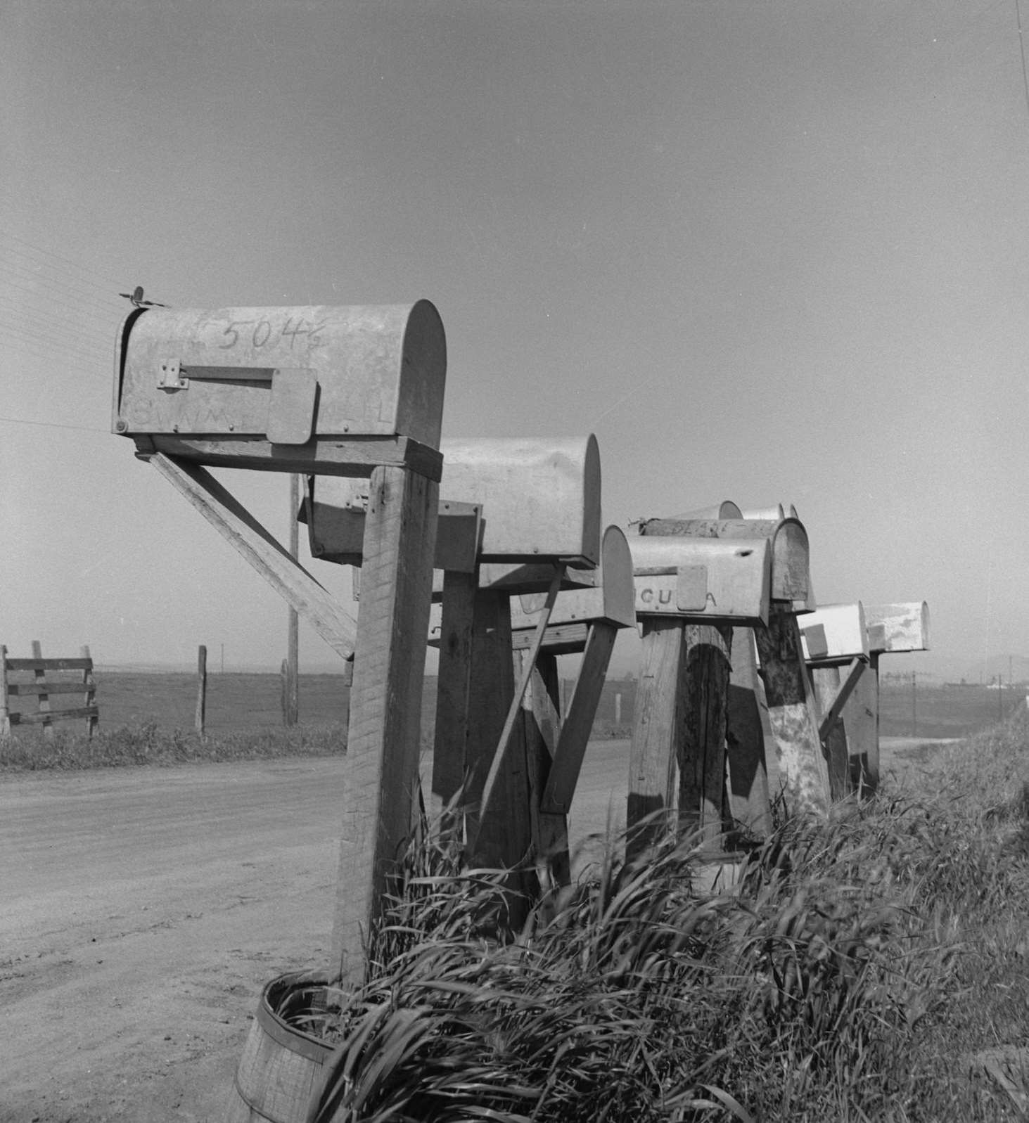 Mail boxes of lettuce workers. Settlement on outskirts of Salinas, California 1939
