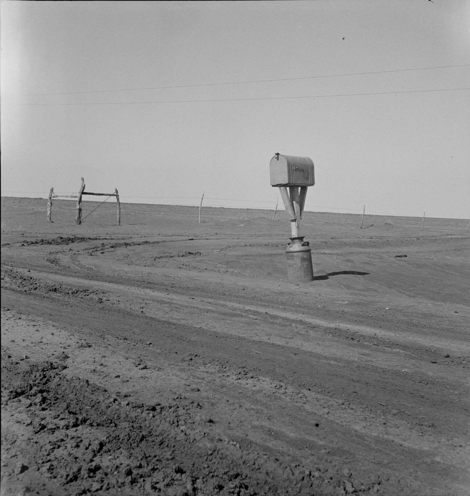 Mailbox in Dust Bowl. Coldwater District, north of Dalhart, Texas, 1930s