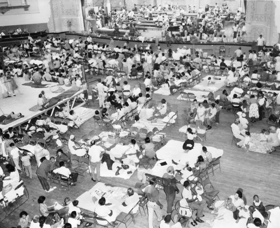 Thousands of Houstonians left homeless by Carla took shelter in school auditoriums across the city.
