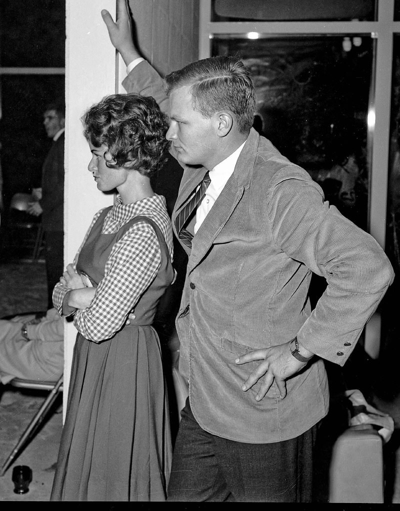 Watching the fun at a student dance party in the dorm, 1966