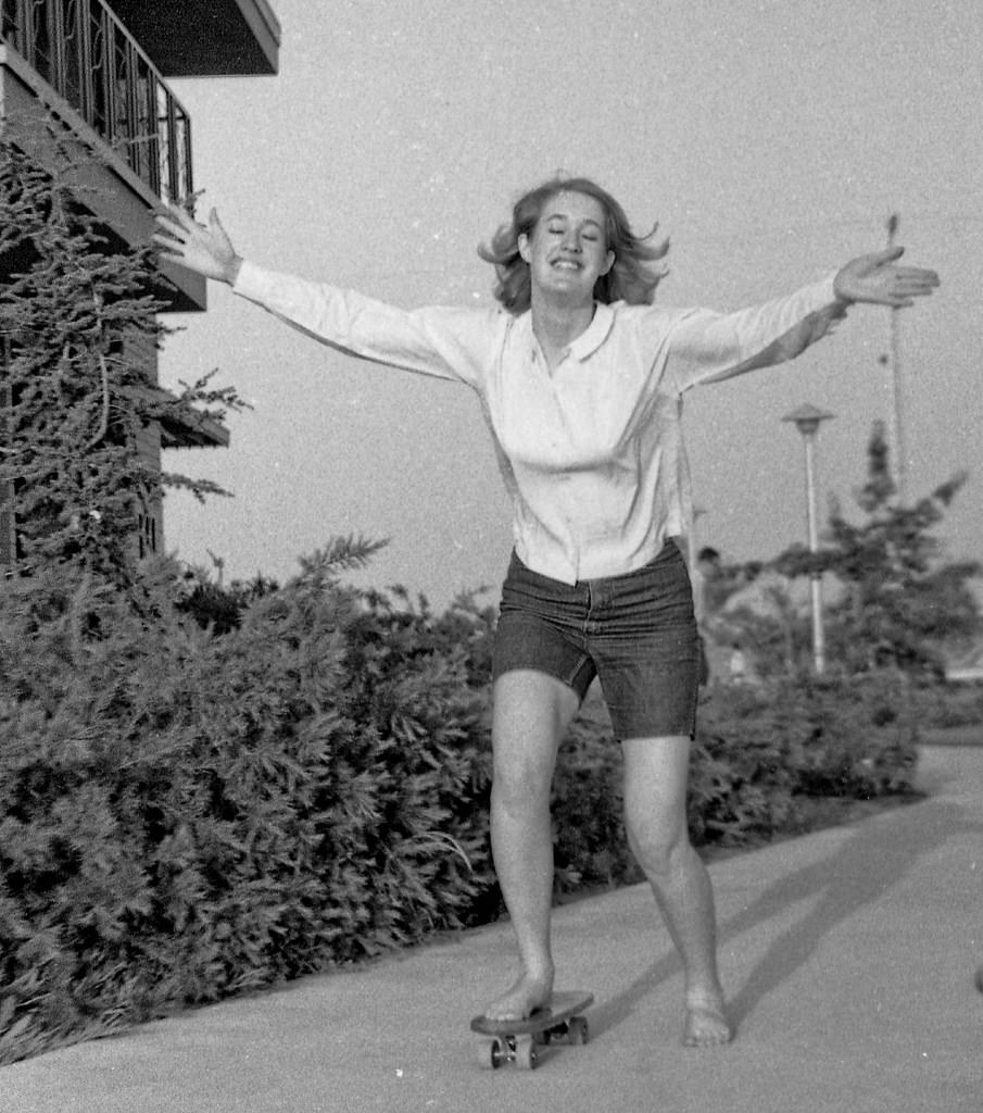 Skate Boarding by the coed dorms, Spring 1966, west of the Fresno State College campus