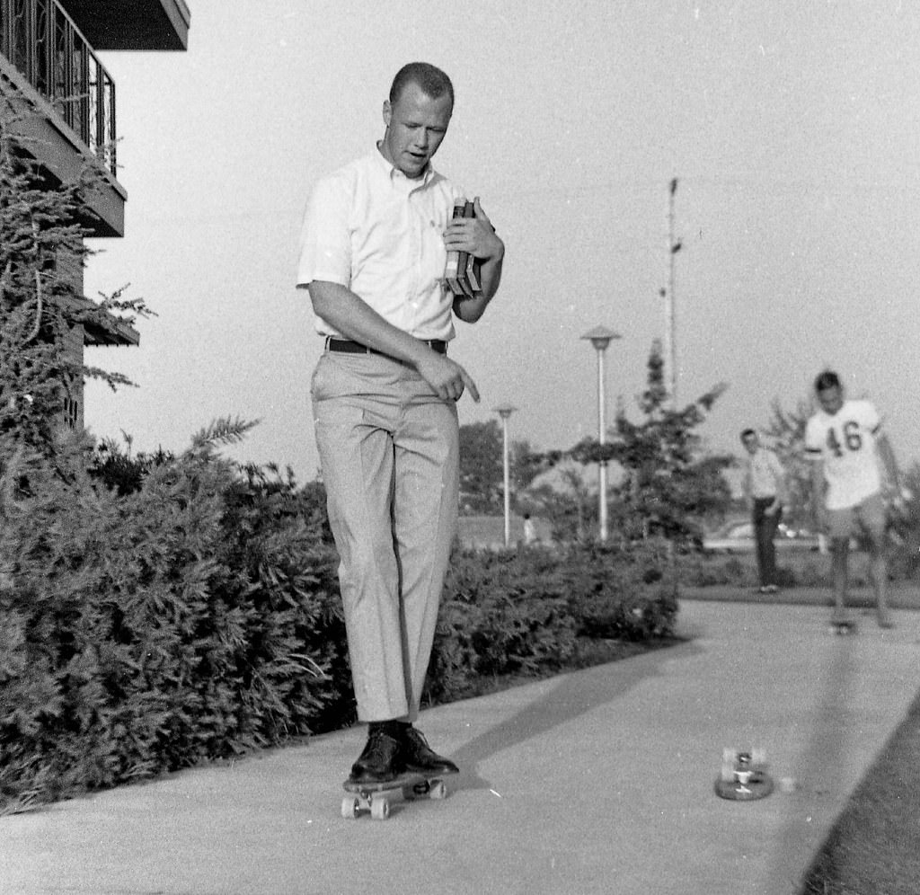 Skate Boarding by the coed dorms, Spring 1966, west of the Fresno State College campus