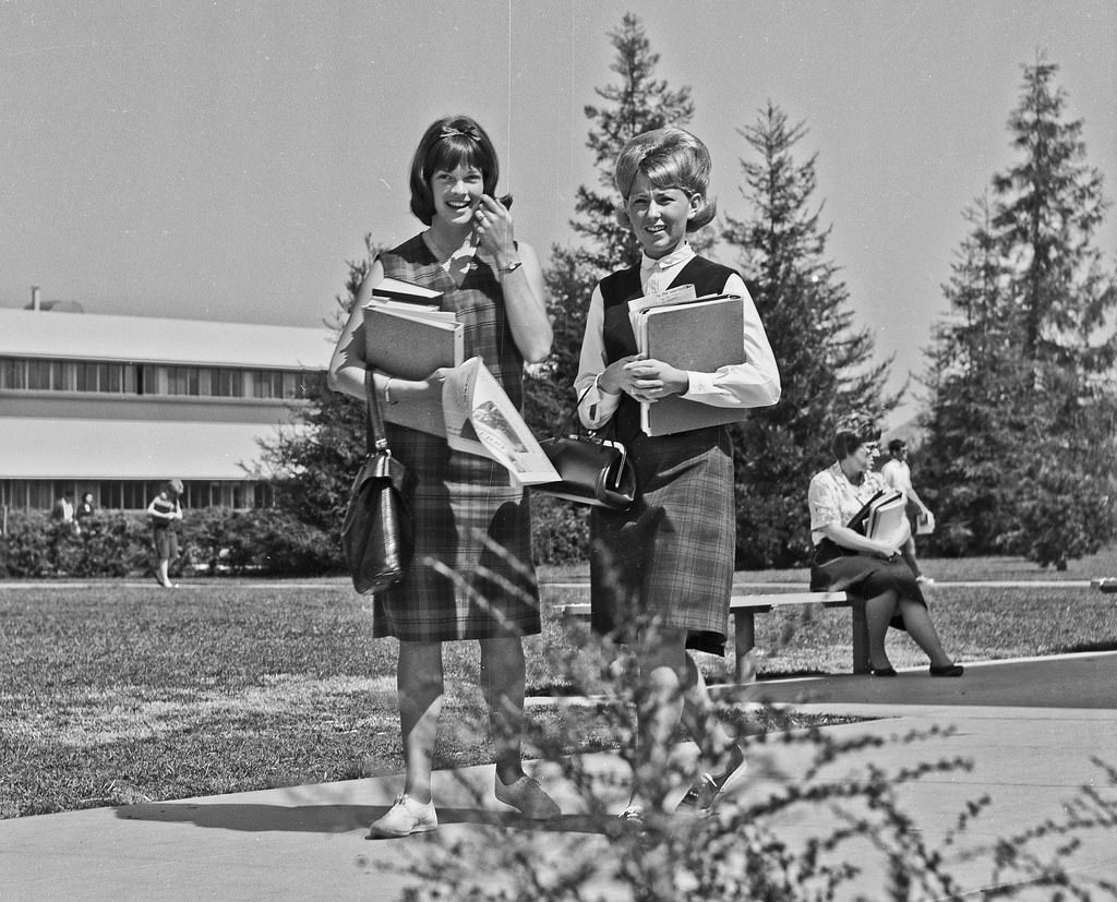 Suzanne Niswander, Roosevelt High School Class of 1962 and Bobbett Rich, Roosevelt High School Class of 1963, going on to be students at Fresno State College in Fresno, 1964