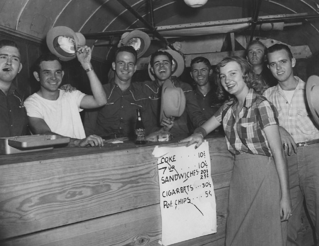 Concession booth with price list, 1950s