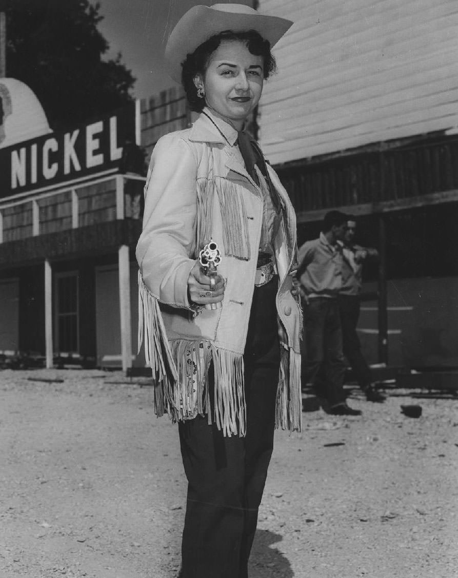 Frontier Fiesta Belle, Jamie Acker, with gun, 1950s