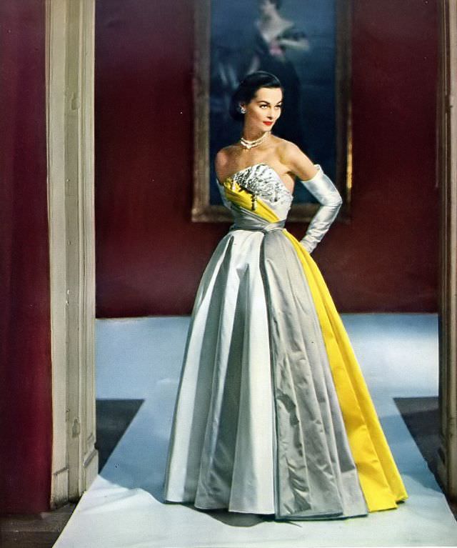 Eva Gerney in gorgeous ball gown by Jacques Fath, Vogue, May 1, 1951