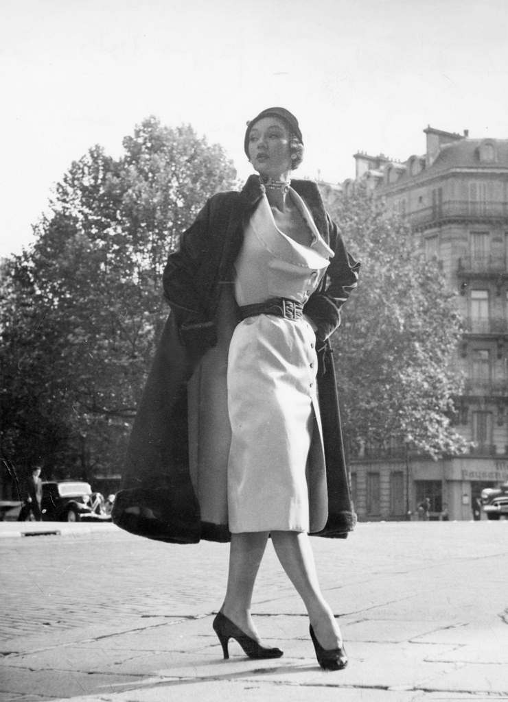 Satin dress and black satin coat with nutria fur, Model: Jacques Fath, Paris, 1951