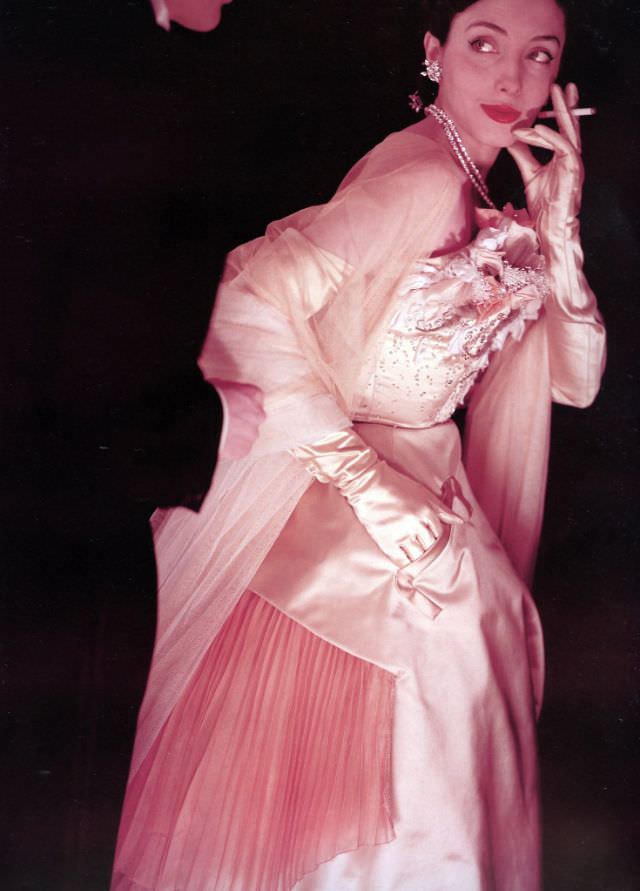 Unpublished photo of model Julia in Jacques Fath evening gown for British Vogue by Horst P. Horst, 1951