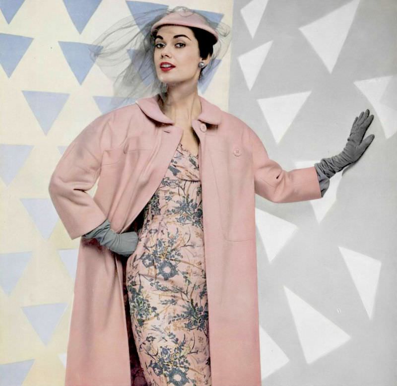 Joan Whelan in pink and gray print silk dress, the lining of the pink wool coat matches the dress, by Jacques Fath, 1954