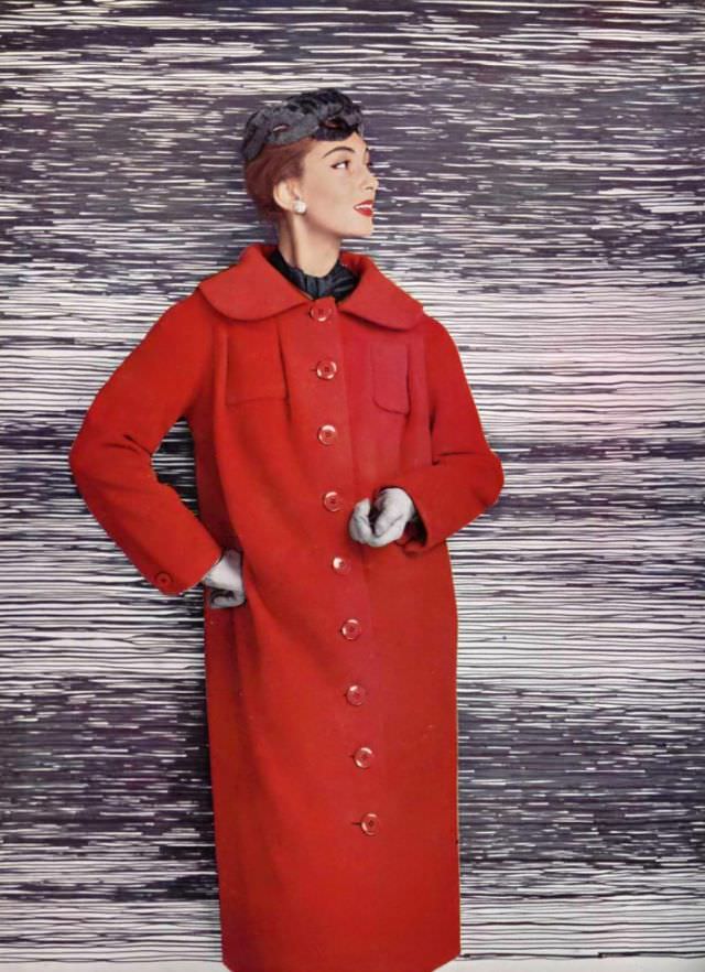 Marie-Hélène in bright red wool coat by Jacques Fath, 1954