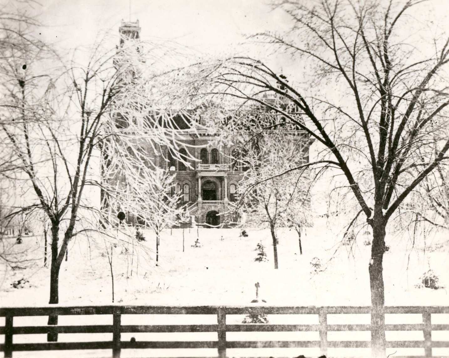 Exterior of the second Rock County Court House which stood from 1896 to 1955, Janesville, Wisconsin, 1875.