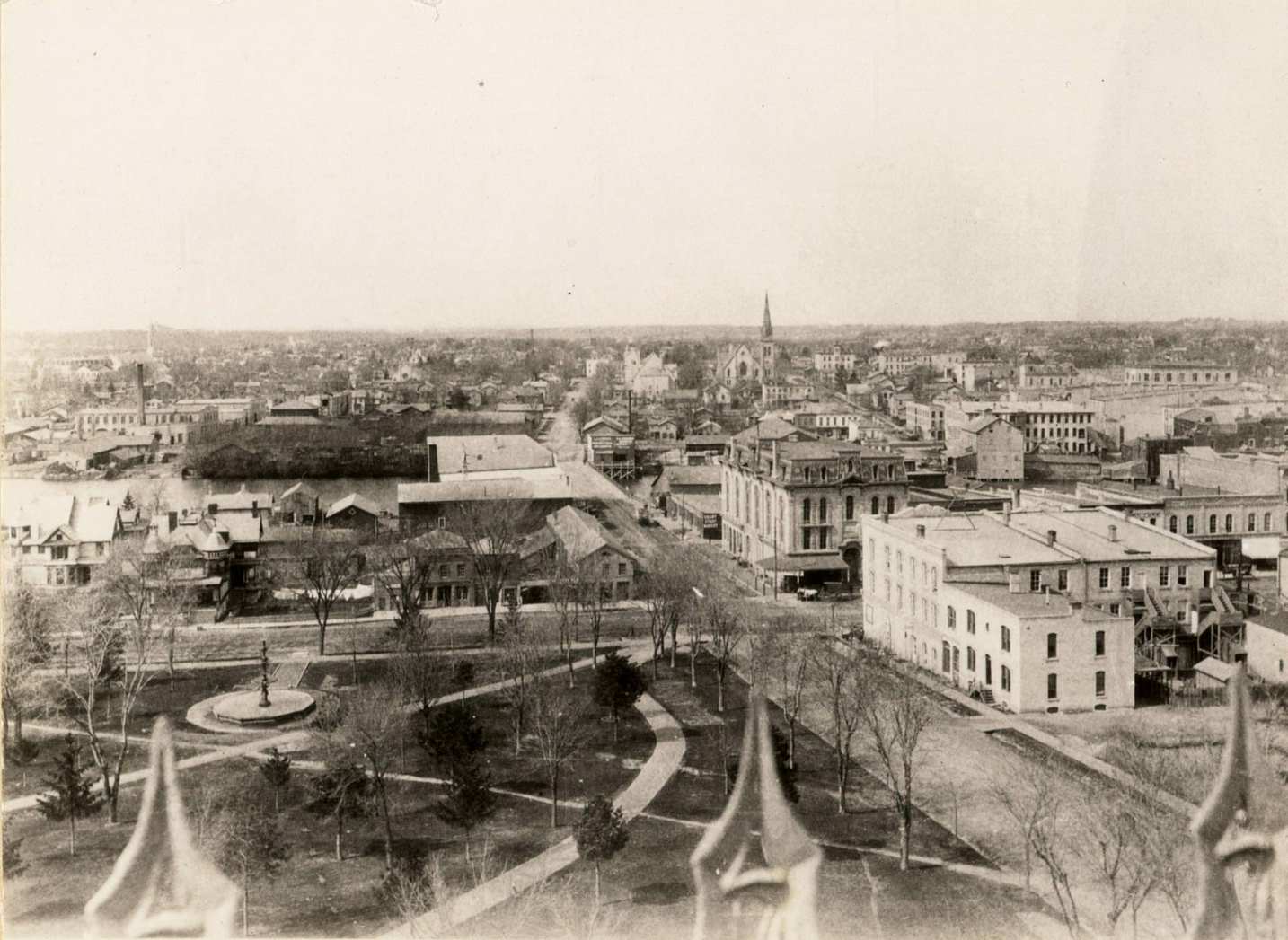 Elevated view looking down Court Street in Janesville toward the west, Janesville, Wisconsin, 1870.