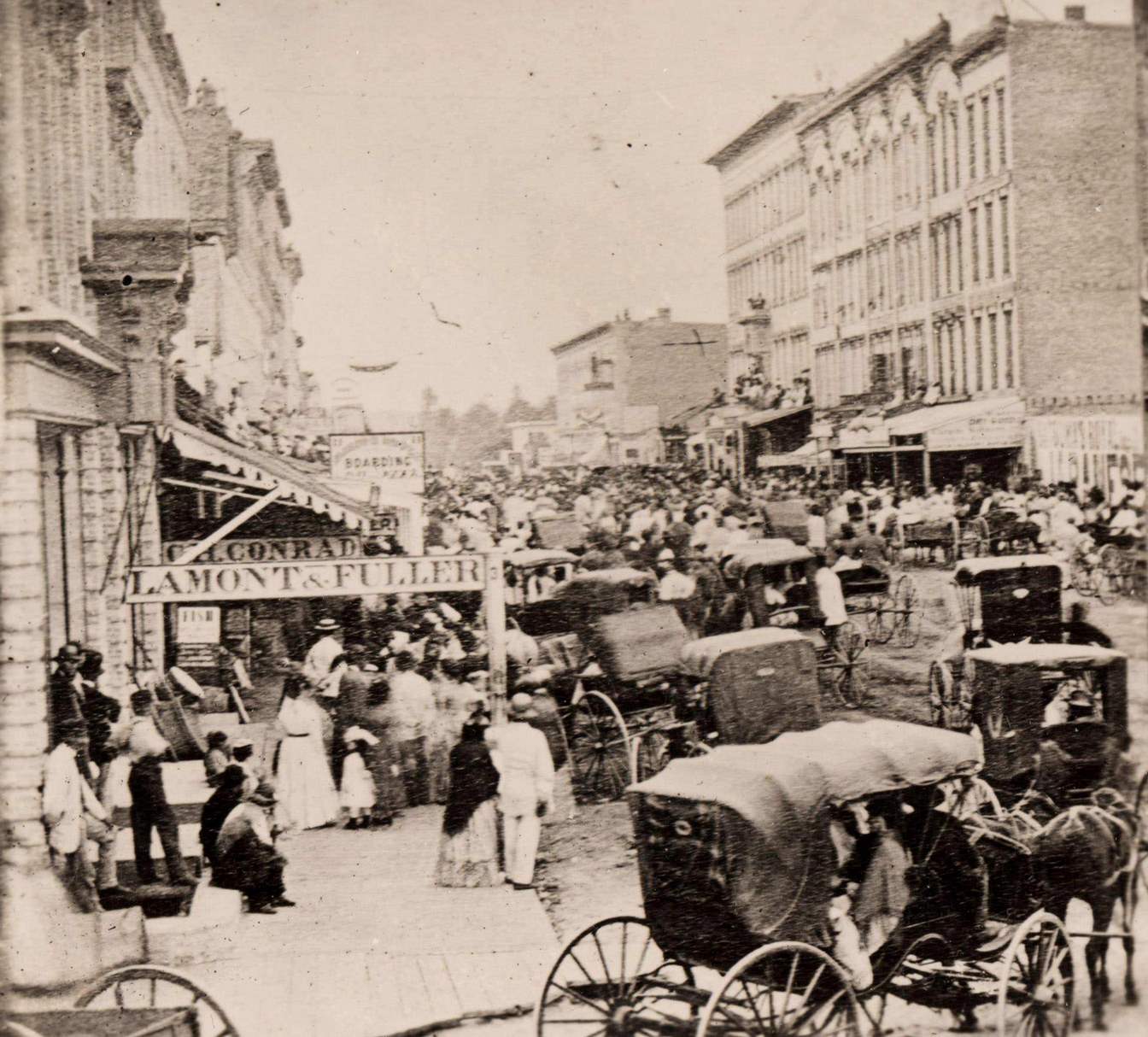 Elevated view of the busy streets of Court and Milwaukee, Janesville, Wisconsin, 1870.