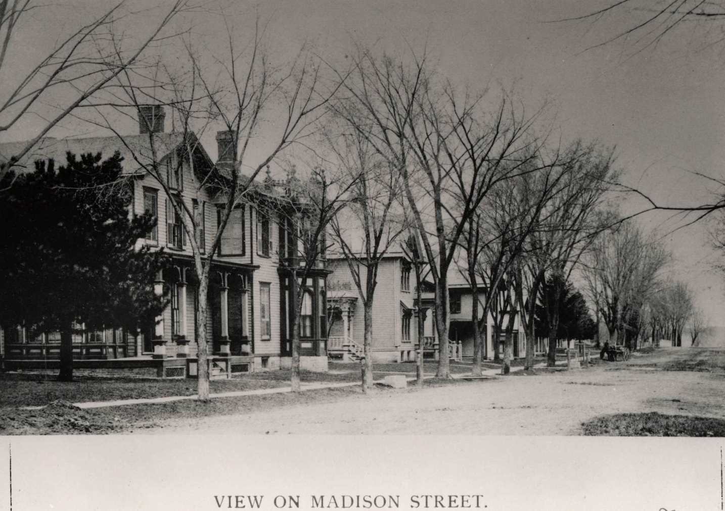 View down Madison Street with houses along sidewalk, Janesville, Wisconsin, 1893.