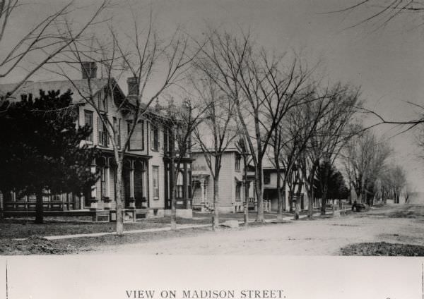 View down Madison Street with houses along sidewalk, 1893