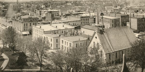 Elevated view of the town with All Souls Church in the bottom right corner, 1893