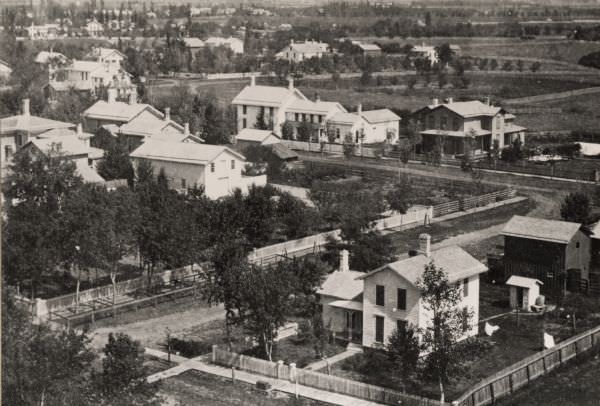 Aerial view of a residential part of Janesville, 1865